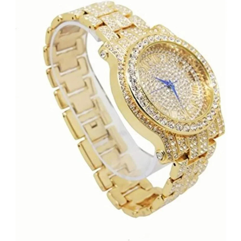 Men's Gold Round Luxury Silver Watch With Bling-ed Out Bracelet L0504b